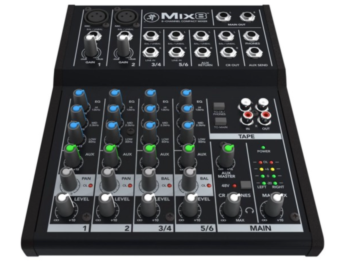 Mix8 8Ch Compact Mixer with 2-Mic/Line 2-Stereo+Aux Inputs